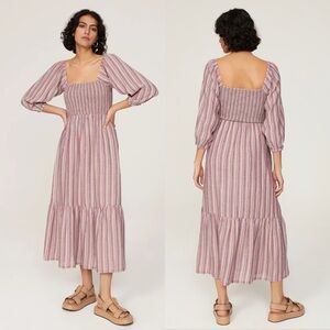 Marine Layer Ivy Smocked Linen Maxi Dress Small Striped Puff Sleeve Cottagecore